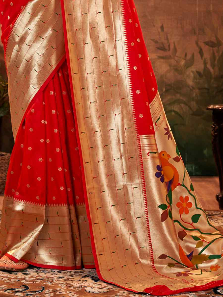 Red Pure Paithani Silk Handwoven Festival Wedding Heavy Border Saree