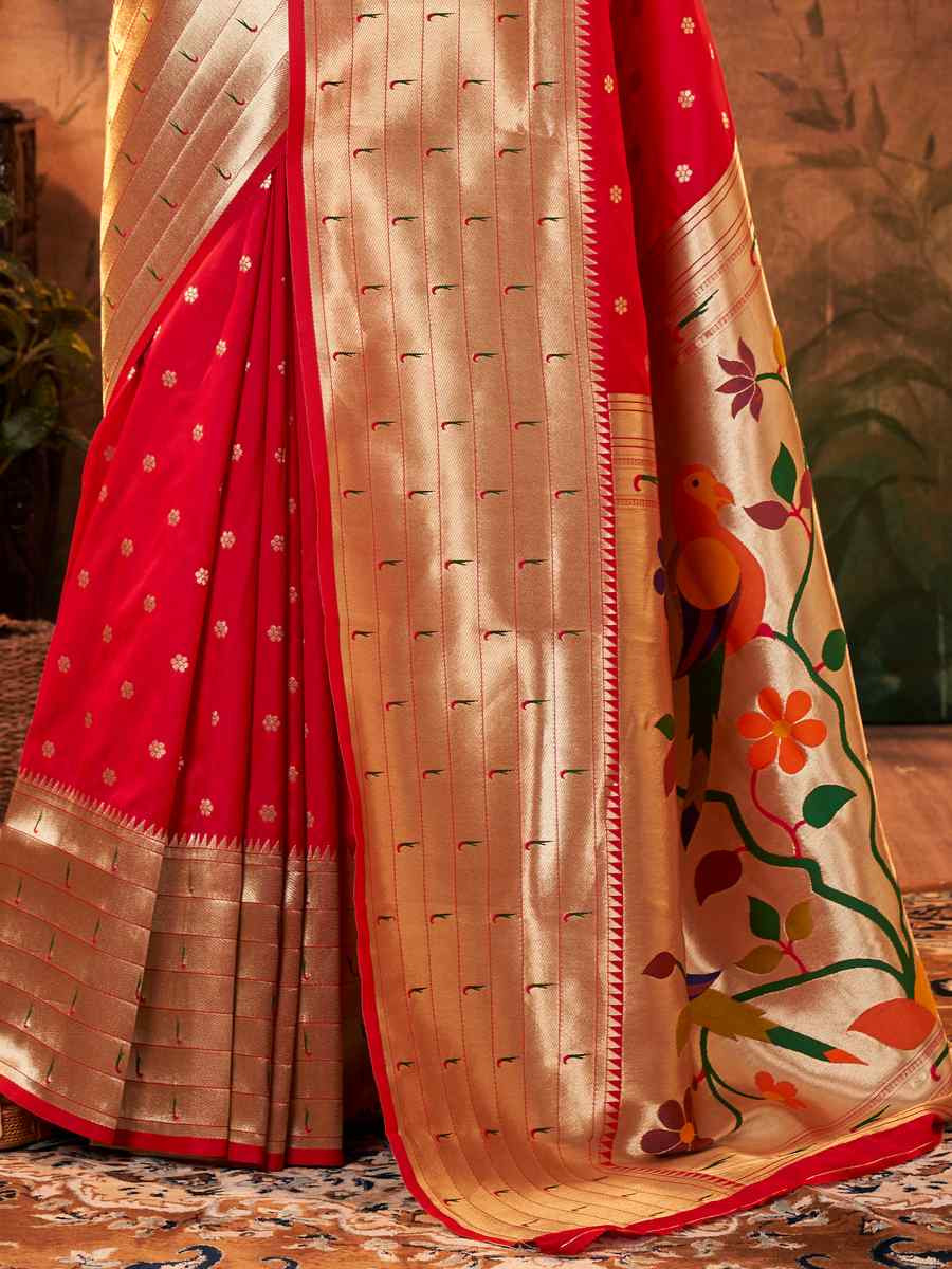 Red Pure Paithani Silk Handwoven Festival Wedding Heavy Border Saree