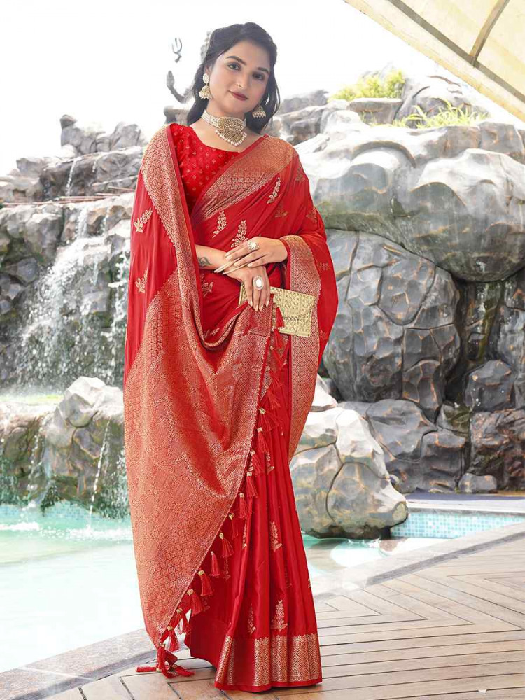 Red Pure Satin Silk Handwoven Festival Wedding Heavy Border Saree