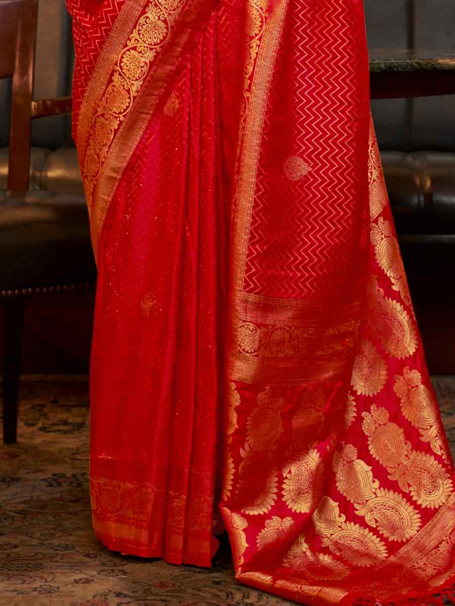 Red Pure Satin Silk Handwoven Wedding Festival Classic Style Saree