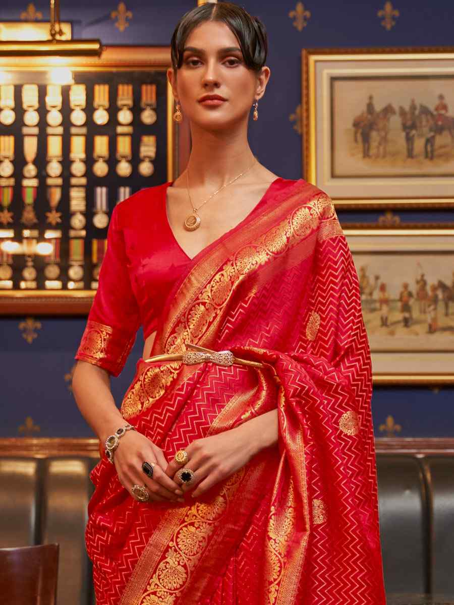 Red Pure Satin Silk Handwoven Wedding Festival Classic Style Saree