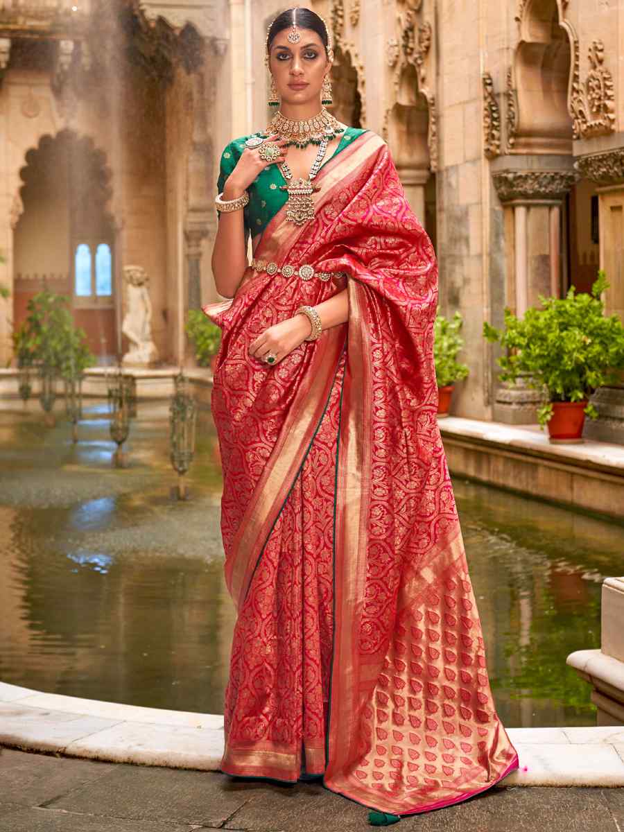 Red Pure Silk Jacquard Handwoven Festival Wedding Heavy Border Saree