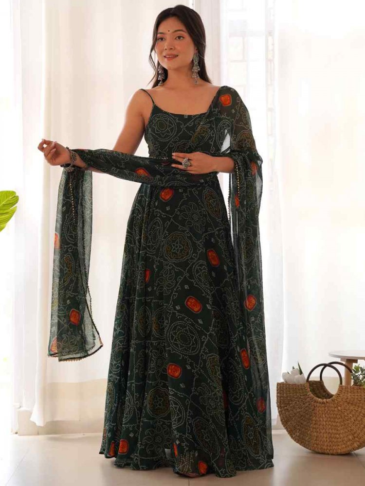 Red Pure Soft Chiffon Bandhej Printed Festival Casual Gown