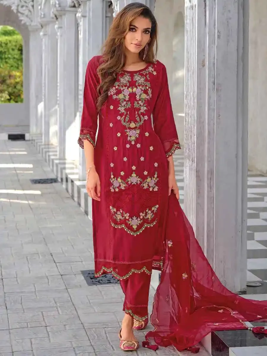 Red Pure Viscose Embroidered Festival Casual Ready Pant Salwar Kameez