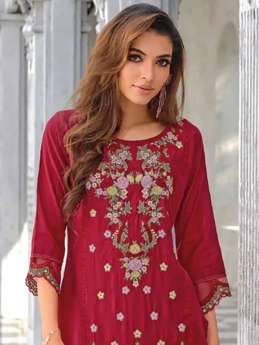 Red Pure Viscose Embroidered Festival Casual Ready Pant Salwar Kameez