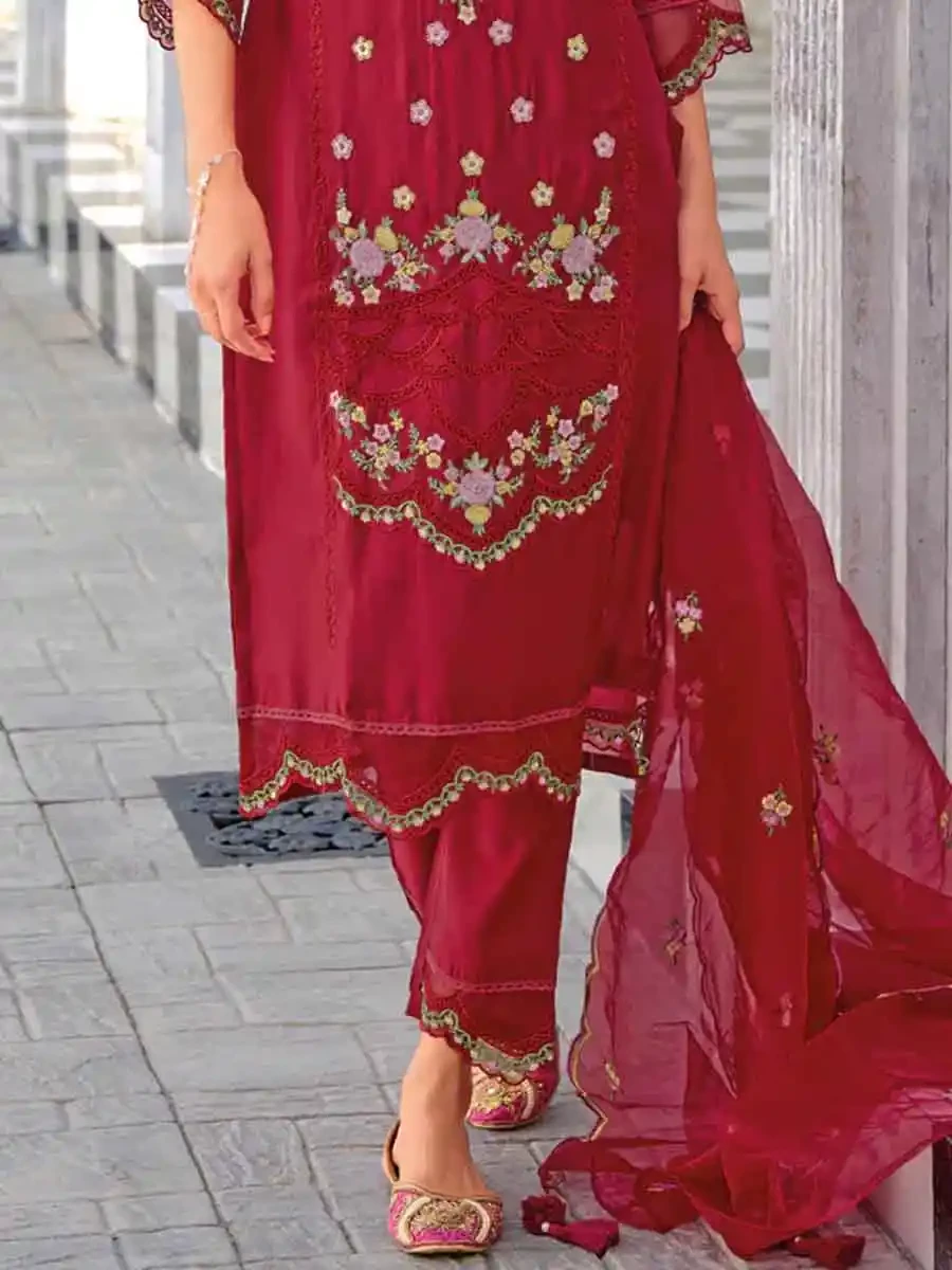 Red Pure Viscose Embroidered Festival Casual Ready Pant Salwar Kameez