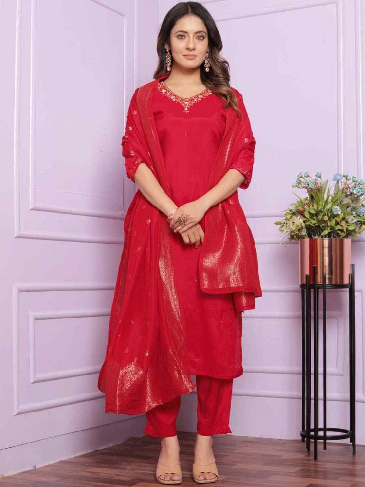 Red Pure Viscose Muslin Embroidered Festival Mehendi Ready Pant Salwar Kameez