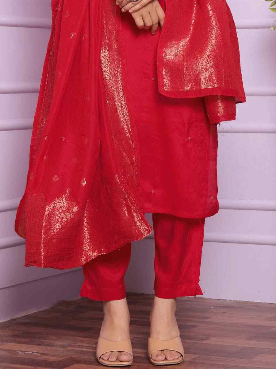 Red Pure Viscose Muslin Embroidered Festival Mehendi Ready Pant Salwar Kameez