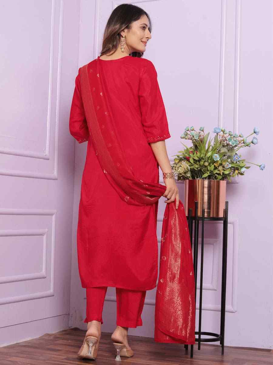 Red Pure Viscose Muslin Embroidered Festival Mehendi Ready Pant Salwar Kameez