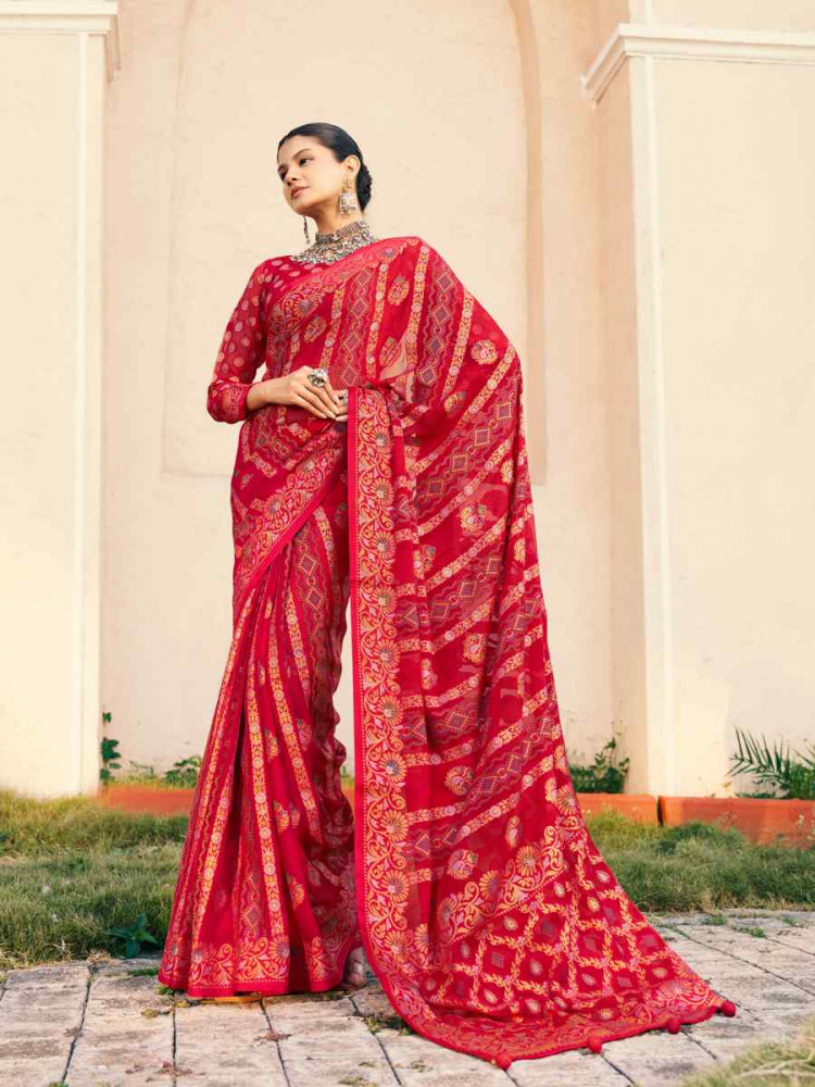 Red P.V. Georgette Handwoven Festival Party Classic Style Saree