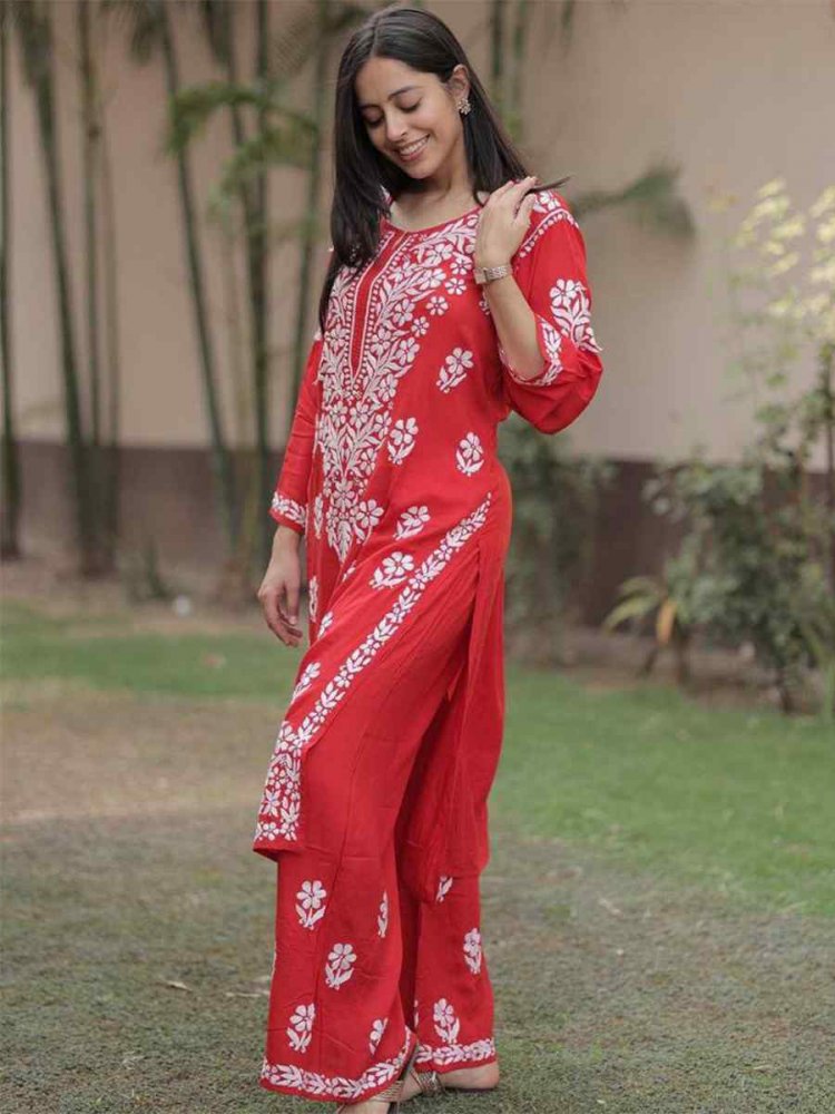 Red Rayon Embroidered Festival Casual Ready Pant Salwar Kameez