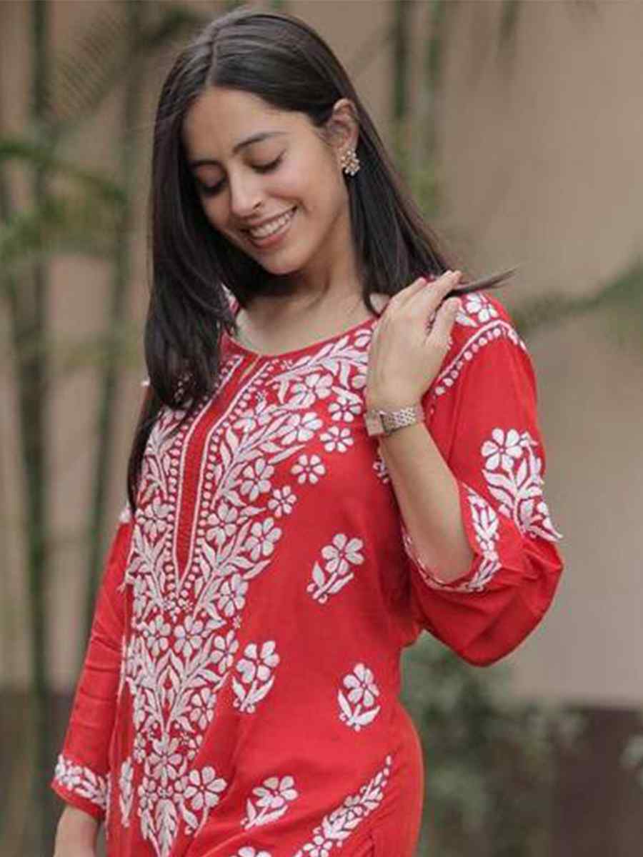 Red Rayon Embroidered Festival Casual Ready Pant Salwar Kameez