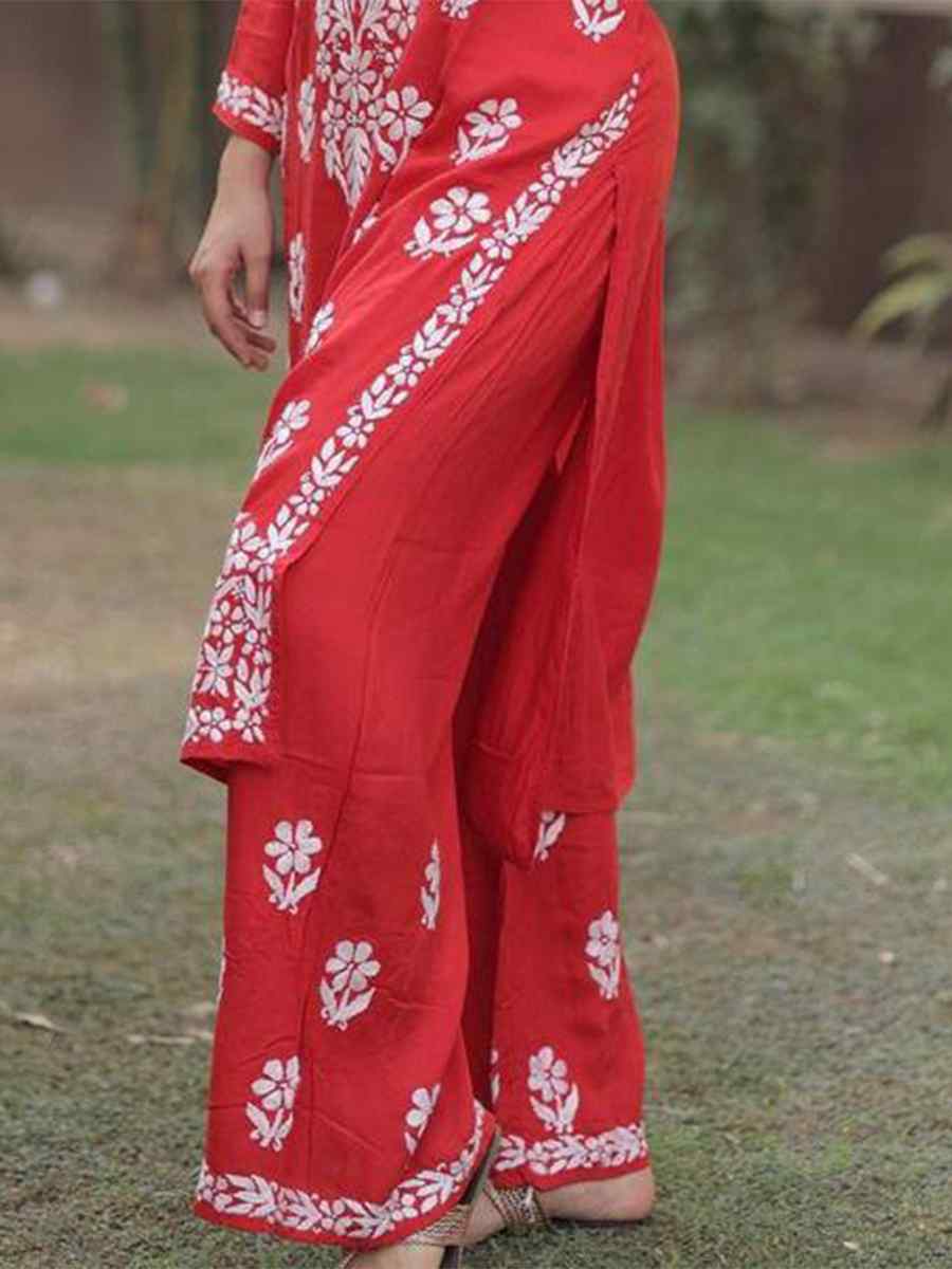 Red Rayon Embroidered Festival Casual Ready Pant Salwar Kameez