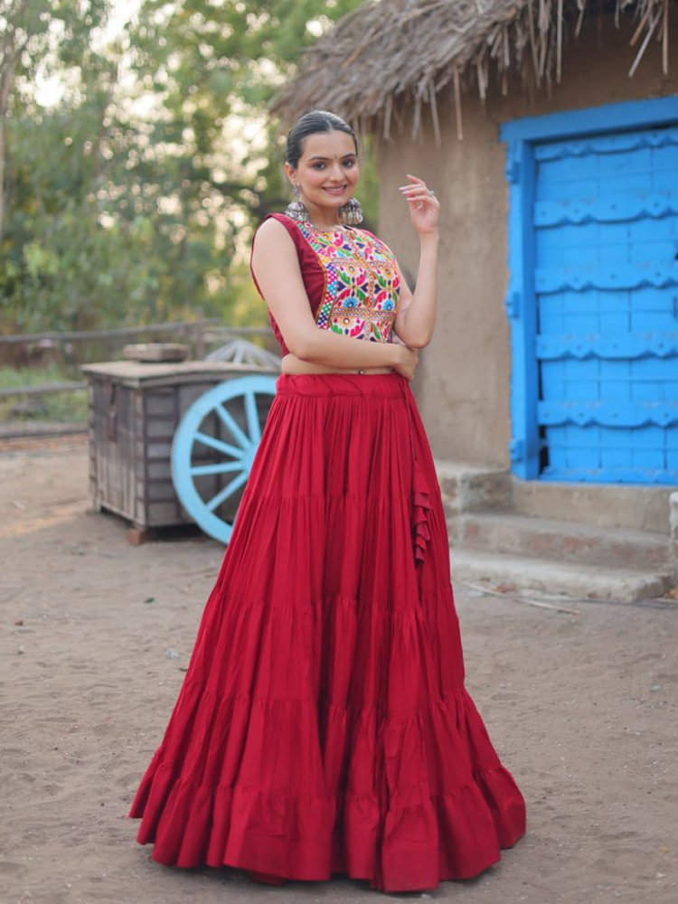 Red Rayon Embroidered Festival Wedding Circular Lehenga Choli