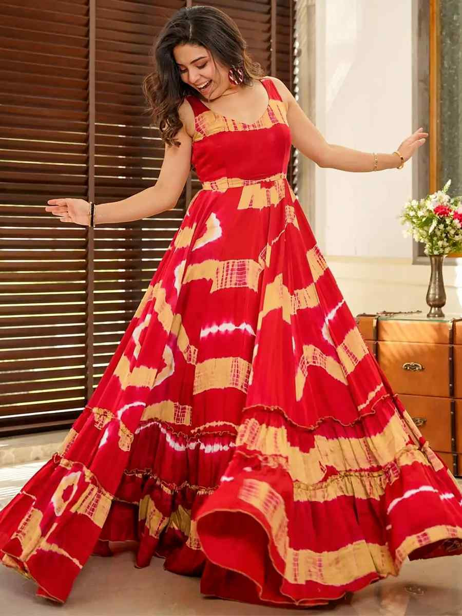 Red Rayon Printed Festival Mehendi Gown