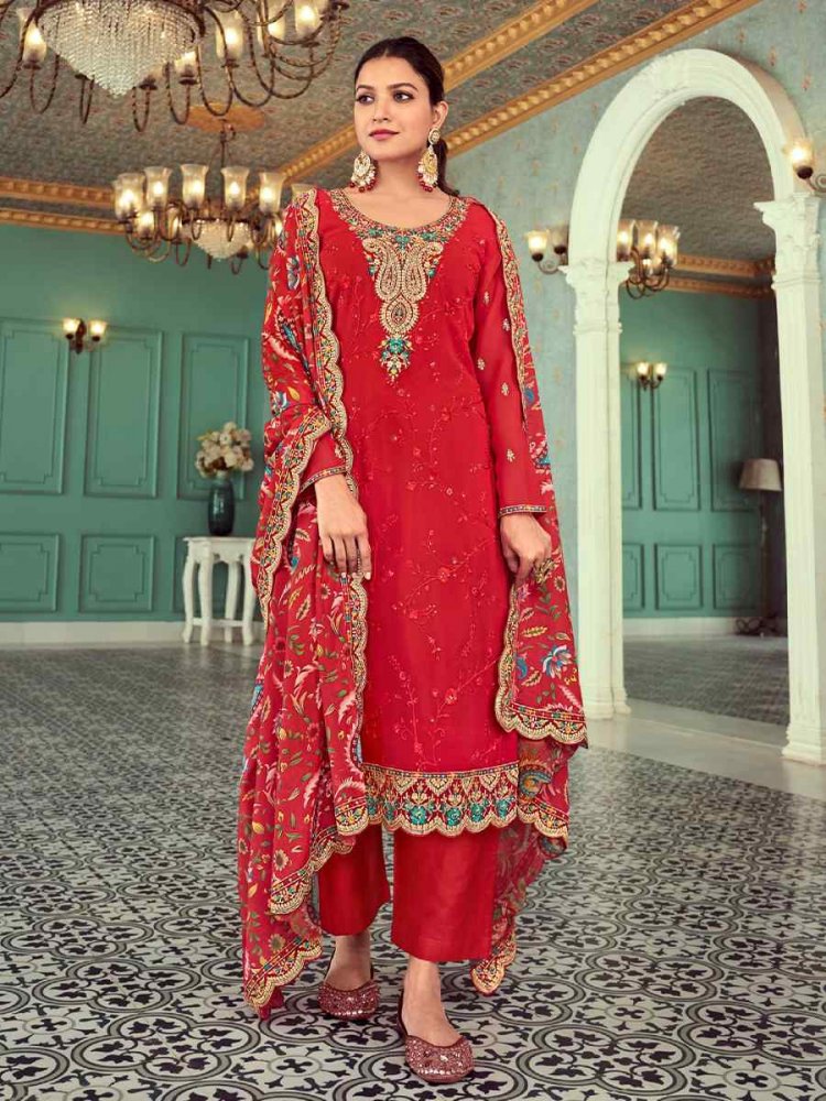 Red Real Georgette Embroidered Festival Wedding Pant Salwar Kameez