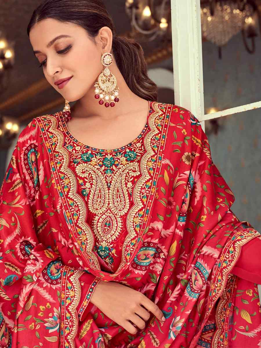 Red Real Georgette Embroidered Festival Wedding Pant Salwar Kameez