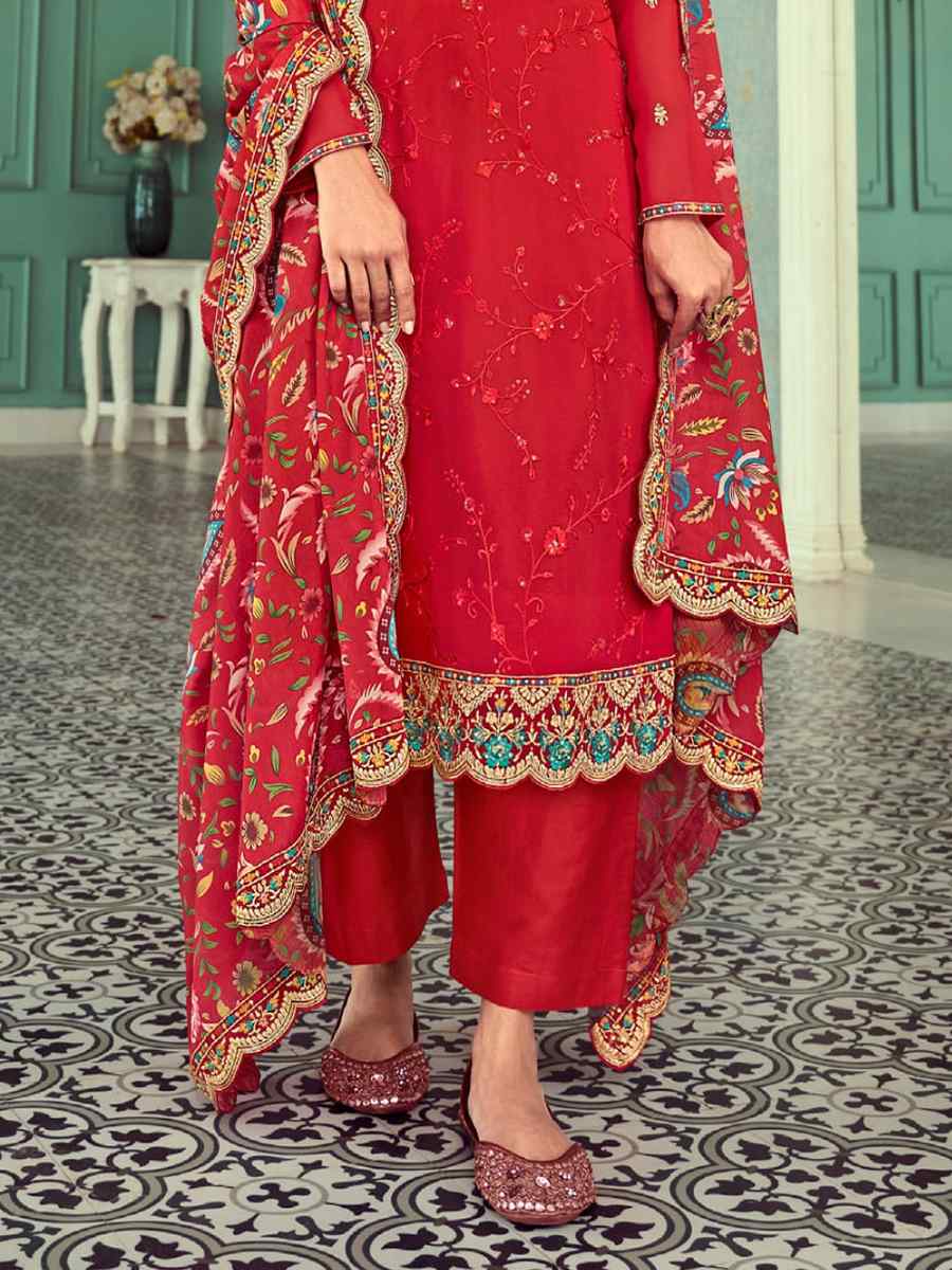 Red Real Georgette Embroidered Festival Wedding Pant Salwar Kameez