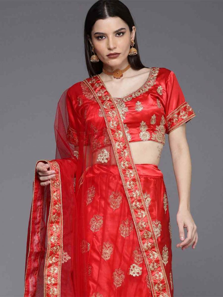 Red Printed Bridesmaid Lehenga Choli In Organza Latest 2233LG05
