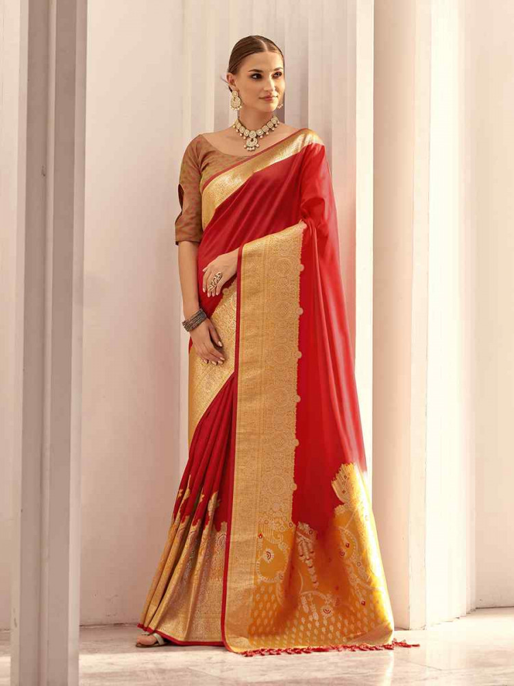 Red Satin Silk Handwoven Festival Wedding Heavy Border Saree