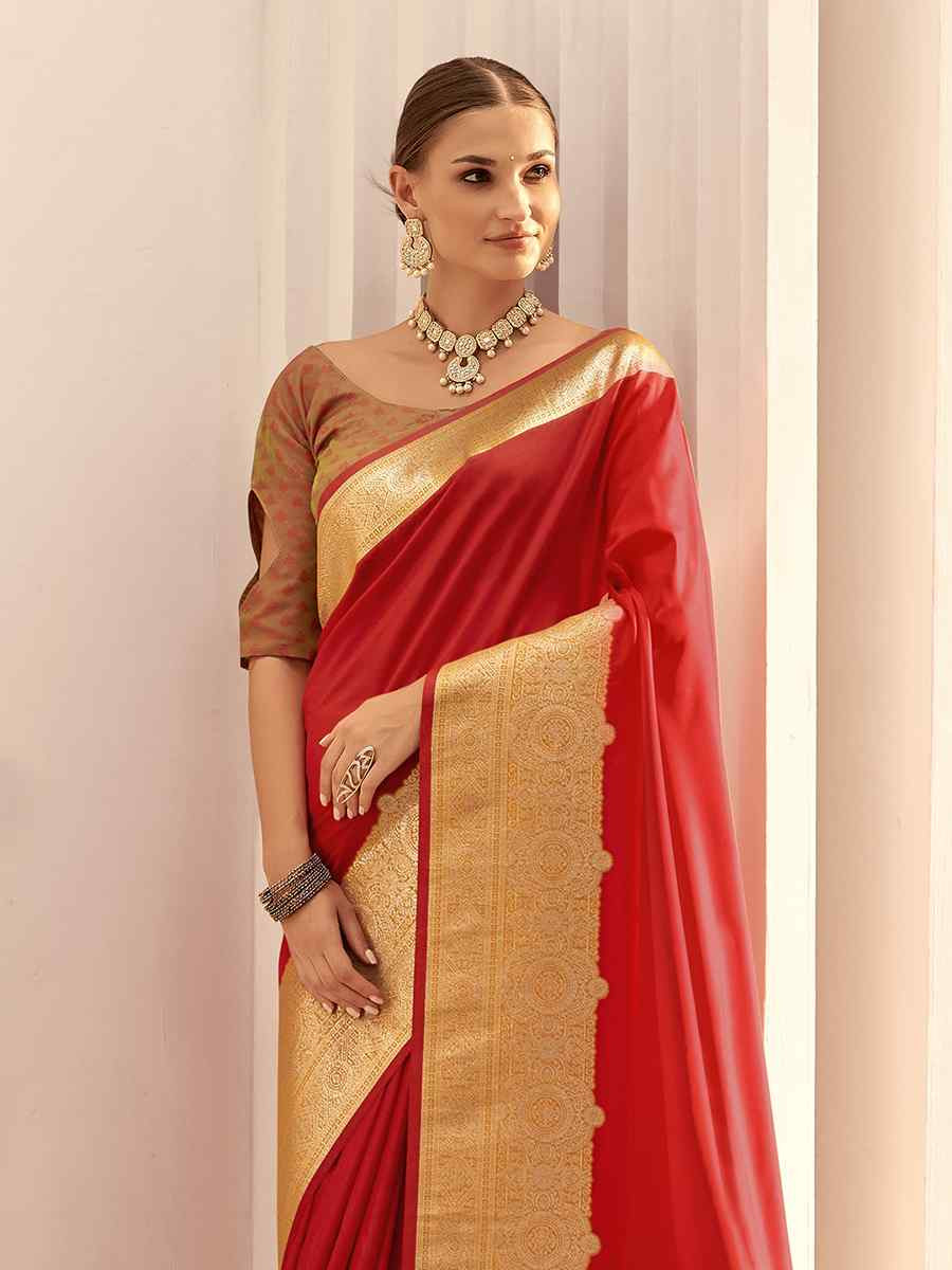 Red Satin Silk Handwoven Festival Wedding Heavy Border Saree