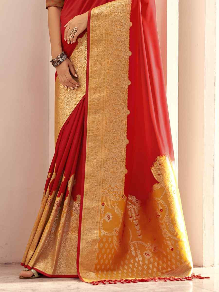 Red Satin Silk Handwoven Festival Wedding Heavy Border Saree