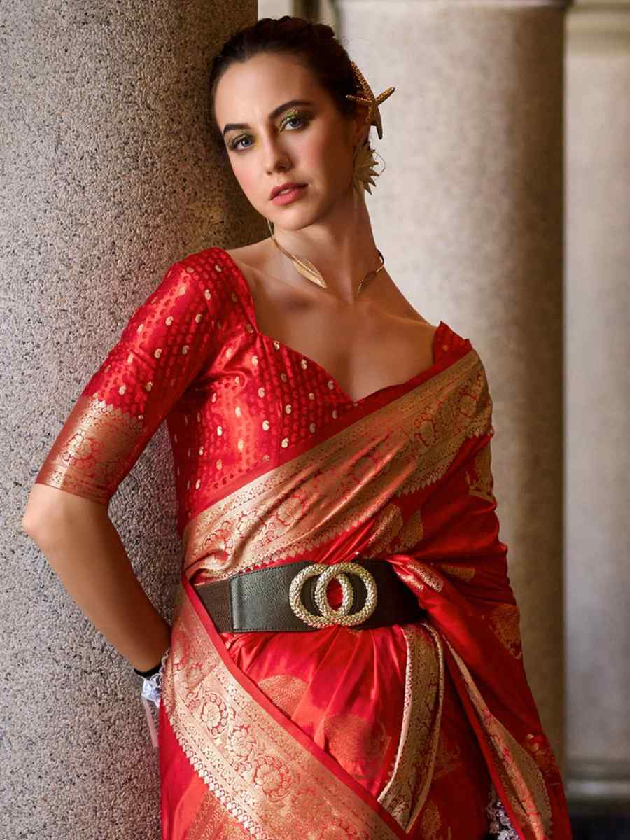 Red Satin Silk Handwoven Festival Wedding Heavy Border Saree