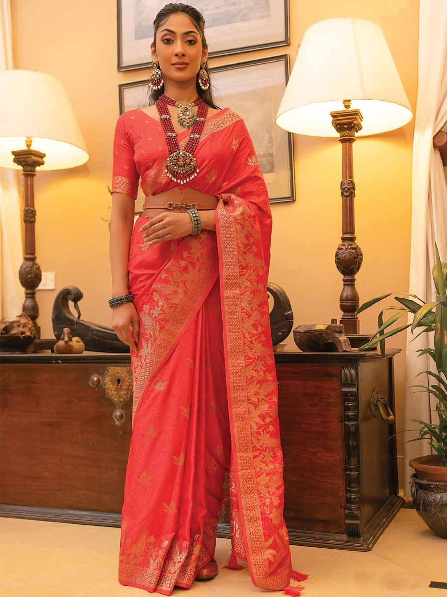 Red Satin Silk Handwoven Festival Wedding Heavy Border Saree