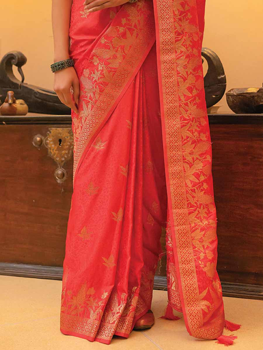 Red Satin Silk Handwoven Festival Wedding Heavy Border Saree