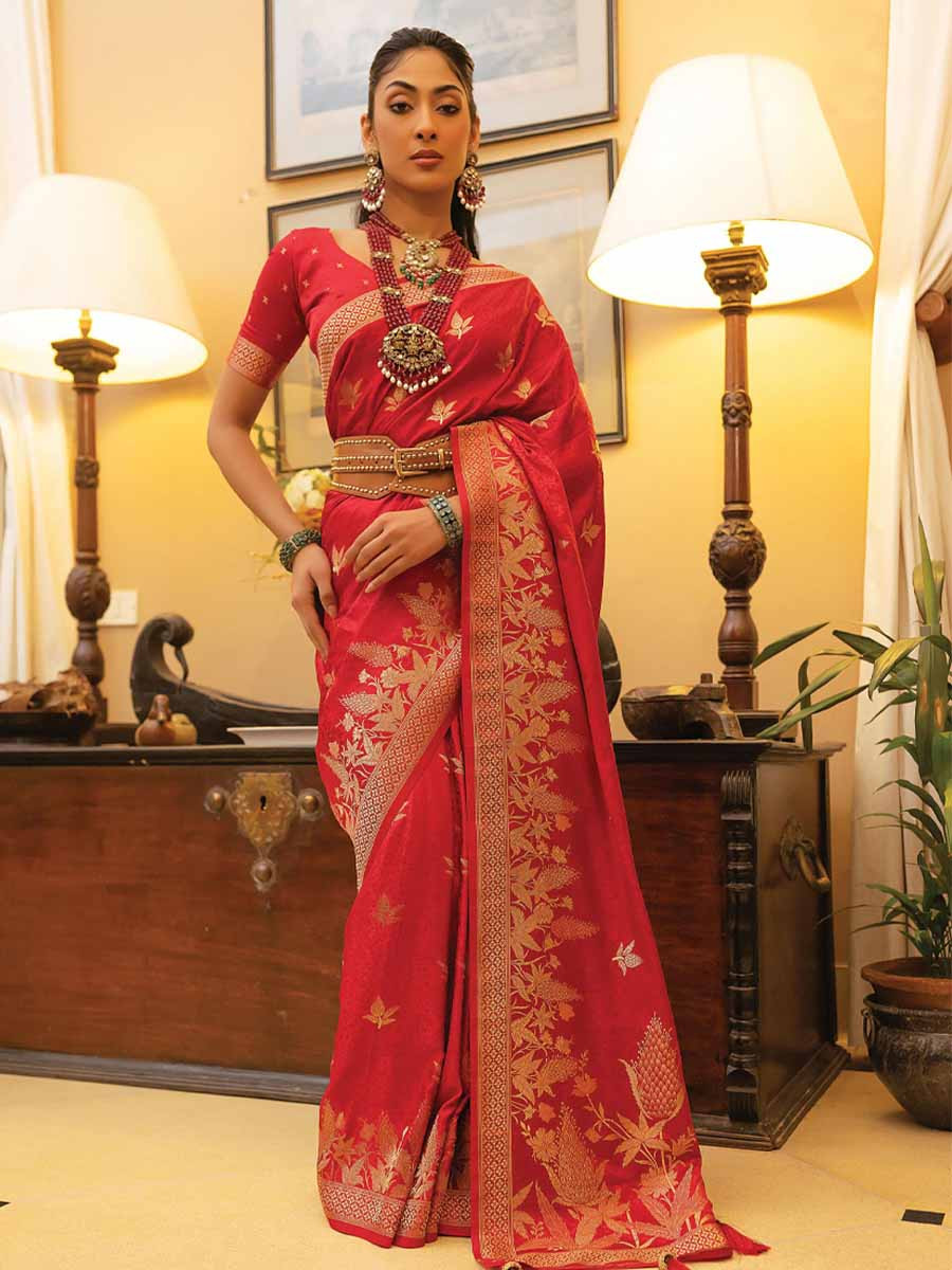 Red Satin Silk Handwoven Festival Wedding Heavy Border Saree