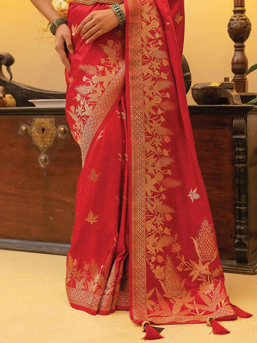 Red Satin Silk Handwoven Festival Wedding Heavy Border Saree