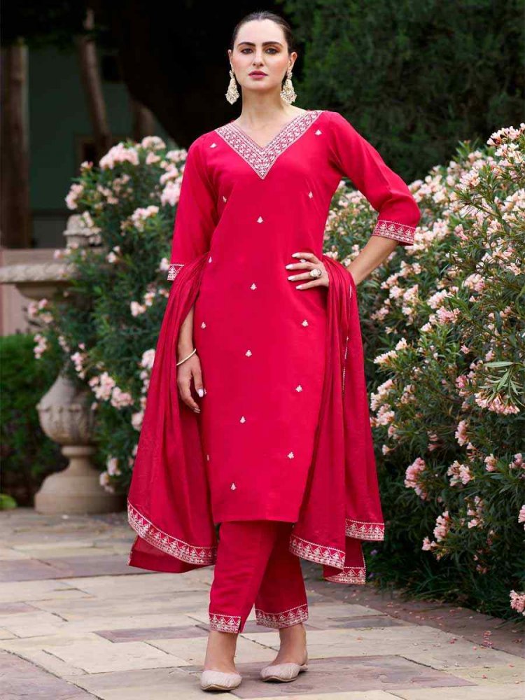 Red Silk Blend Embroidered Festival Mehendi Ready Pant Salwar Kameez