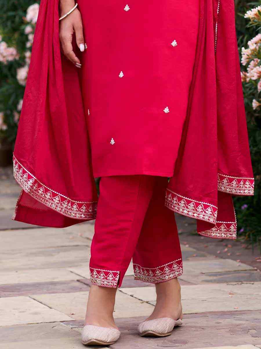 Red Silk Blend Embroidered Festival Mehendi Ready Pant Salwar Kameez