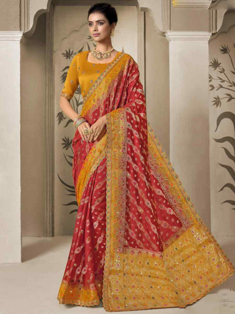 Red Silk Embroidered Reception Wedding Heavy Border Saree