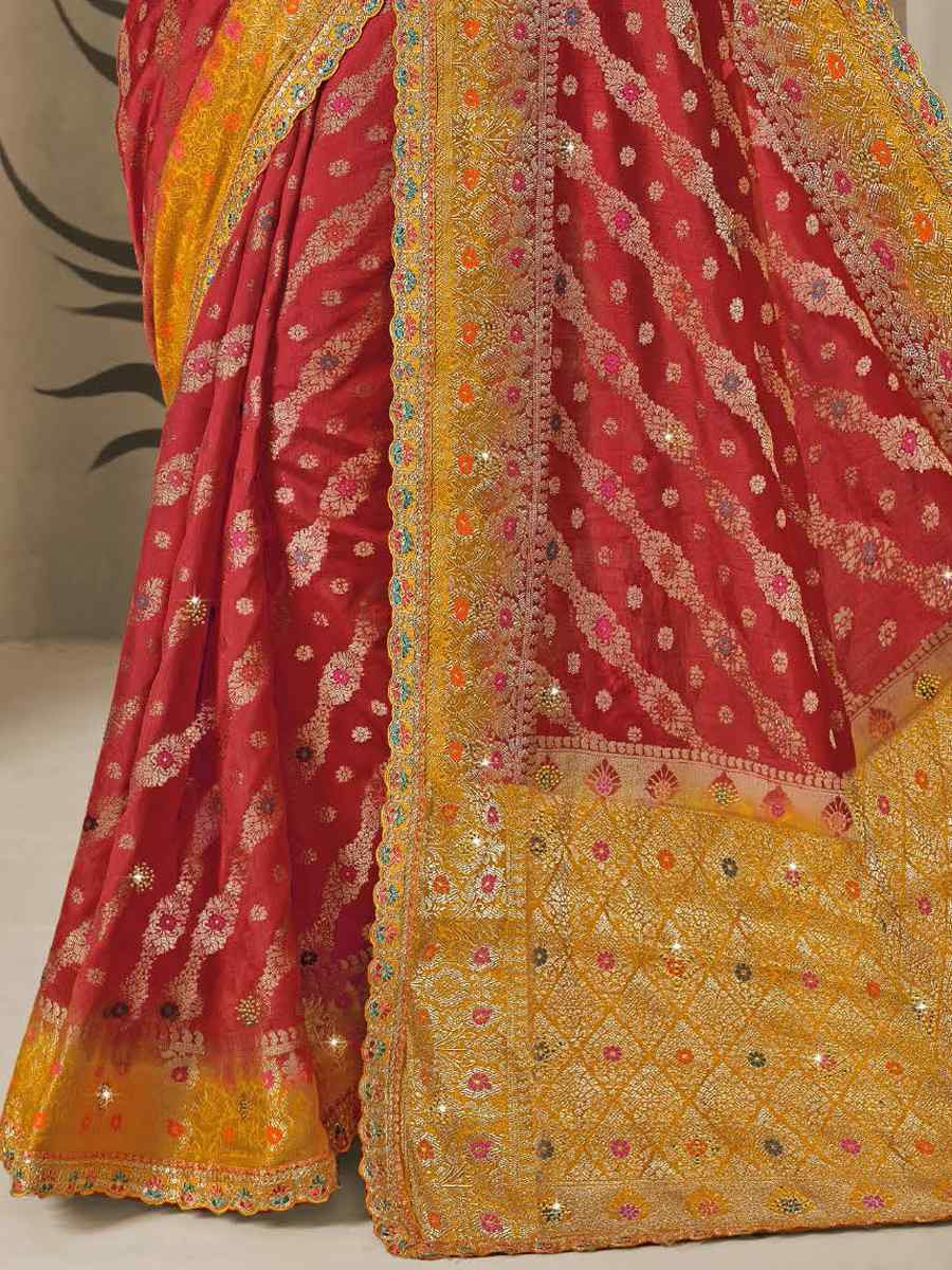 Red Silk Embroidered Reception Wedding Heavy Border Saree