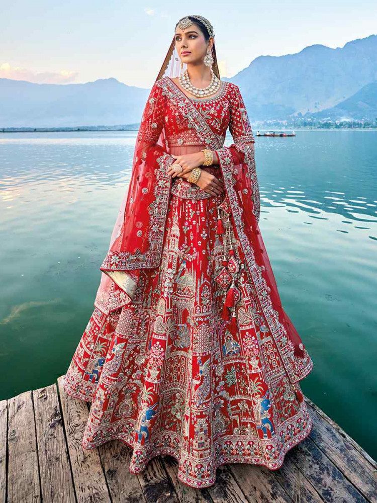 Red Silk Embroidered Wedding Bridal Heavy Border Lehenga Choli