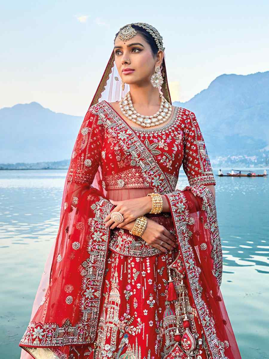 Red Silk Embroidered Wedding Bridal Heavy Border Lehenga Choli