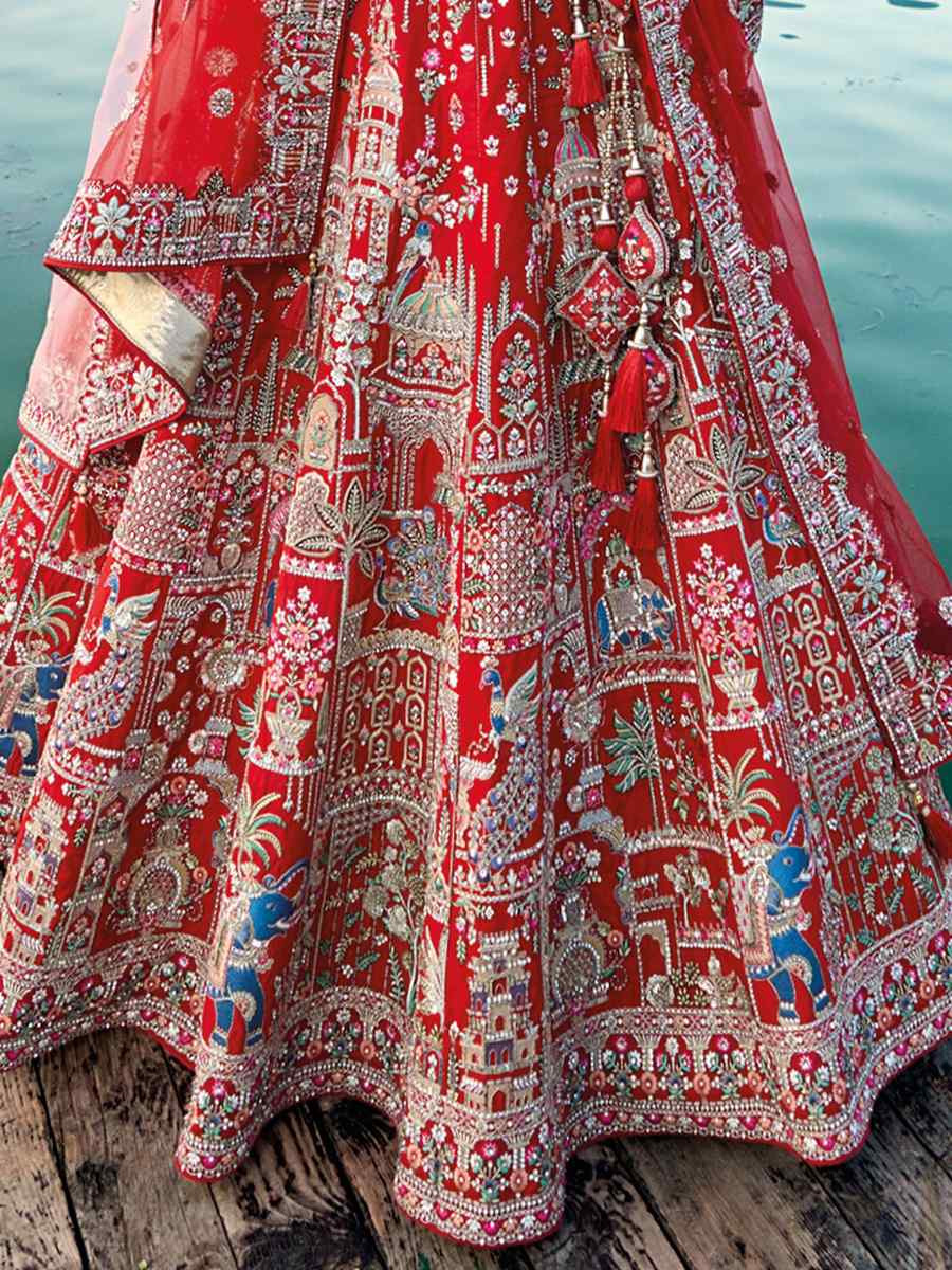 Red Silk Embroidered Wedding Bridal Heavy Border Lehenga Choli