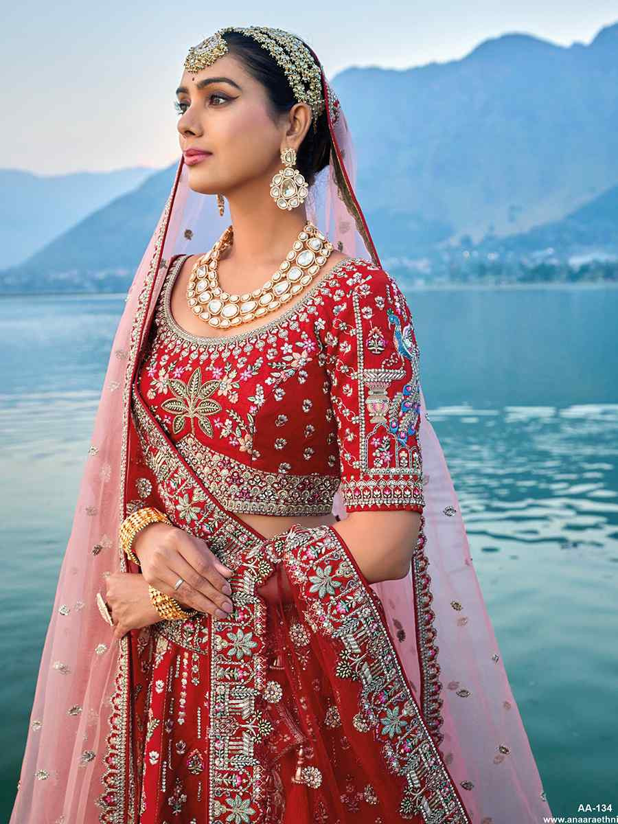 Red Silk Embroidered Wedding Bridal Heavy Border Lehenga Choli