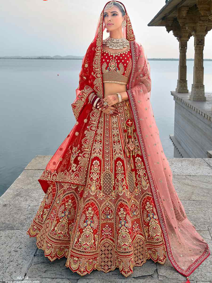 Red Silk Embroidered Wedding Bridal Heavy Border Lehenga Choli