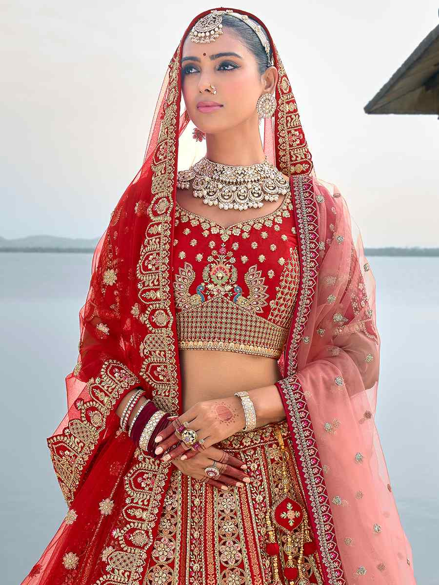 Red Silk Embroidered Wedding Bridal Heavy Border Lehenga Choli