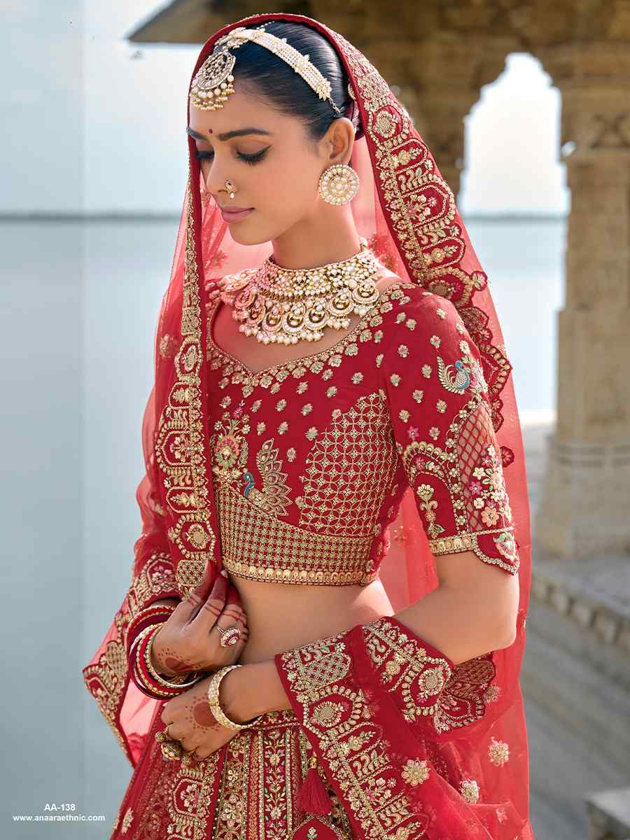 Red Silk Embroidered Wedding Bridal Heavy Border Lehenga Choli