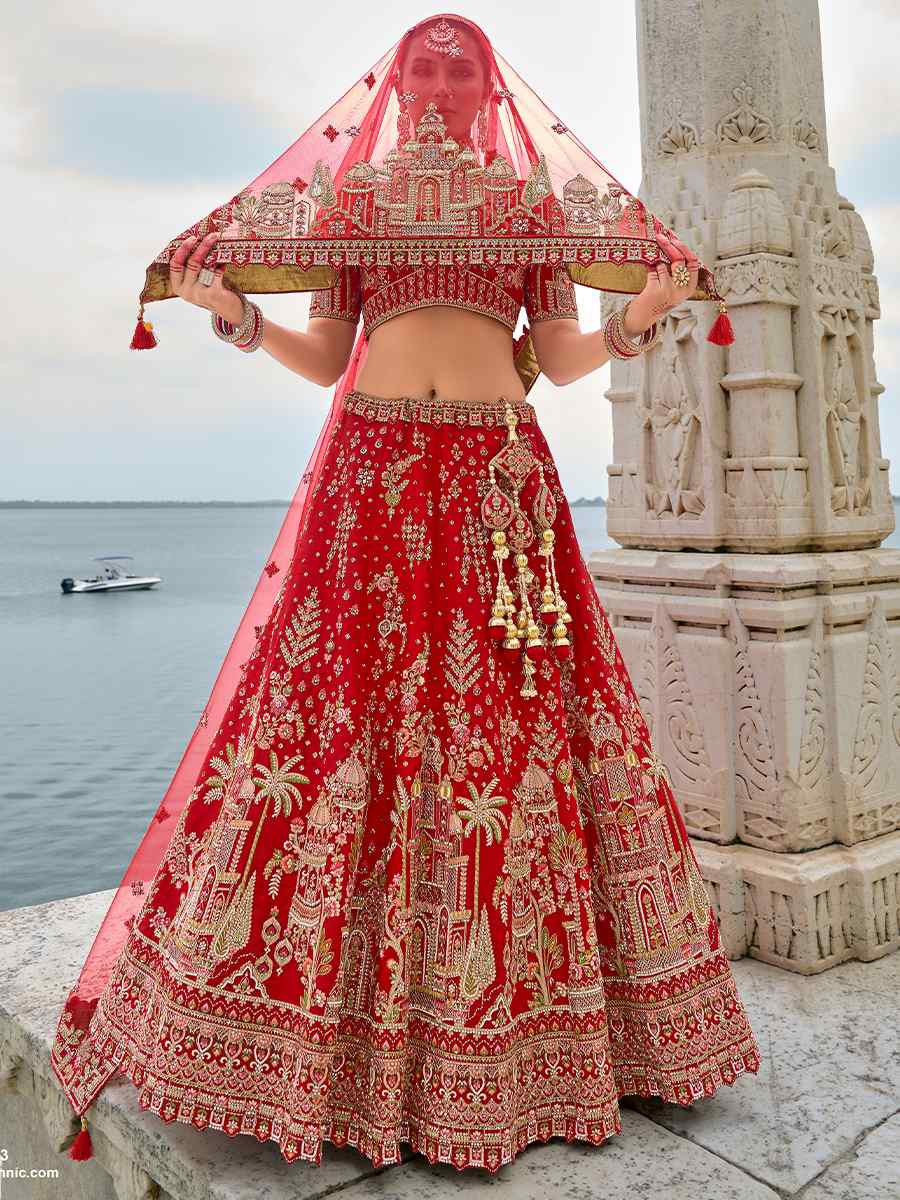 Red Silk Embroidered Wedding Bridal Heavy Border Lehenga Choli