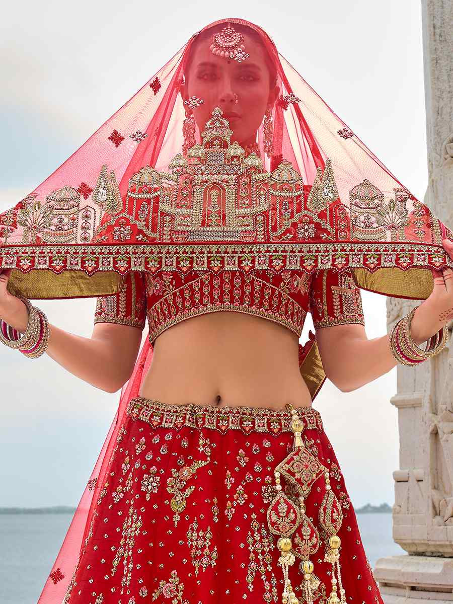 Red Silk Embroidered Wedding Bridal Heavy Border Lehenga Choli