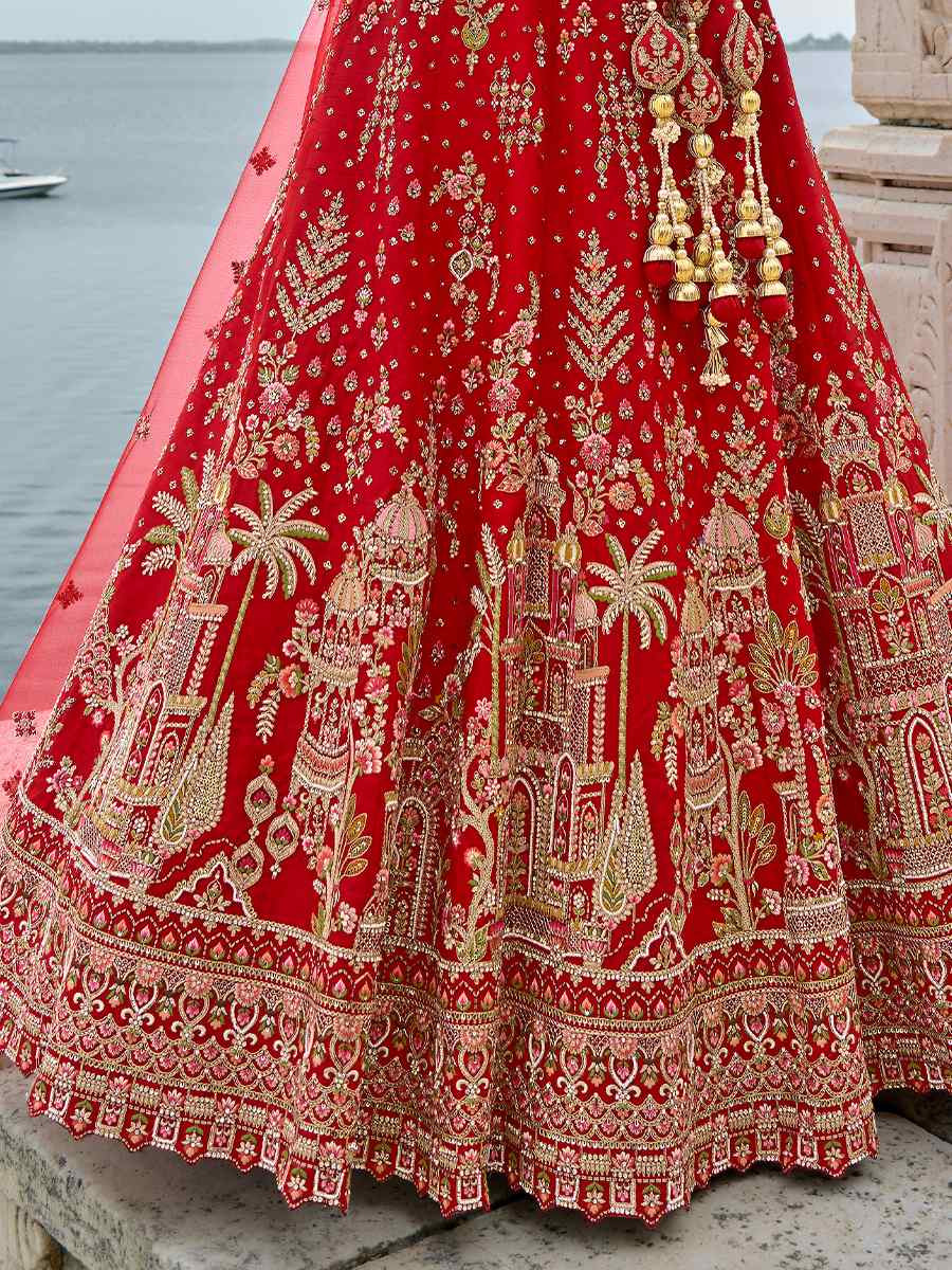 Red Silk Embroidered Wedding Bridal Heavy Border Lehenga Choli