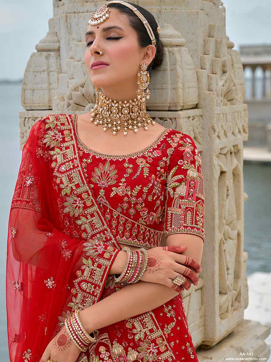 Red Silk Embroidered Wedding Bridal Heavy Border Lehenga Choli