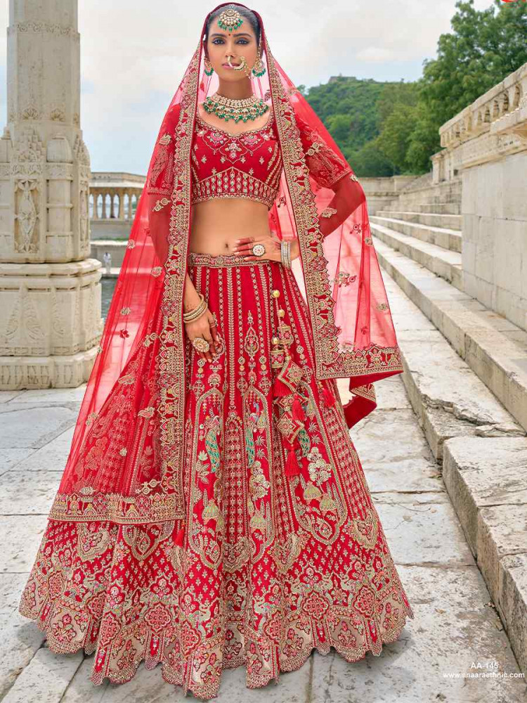 Red Silk Embroidered Wedding Bridal Heavy Border Lehenga Choli