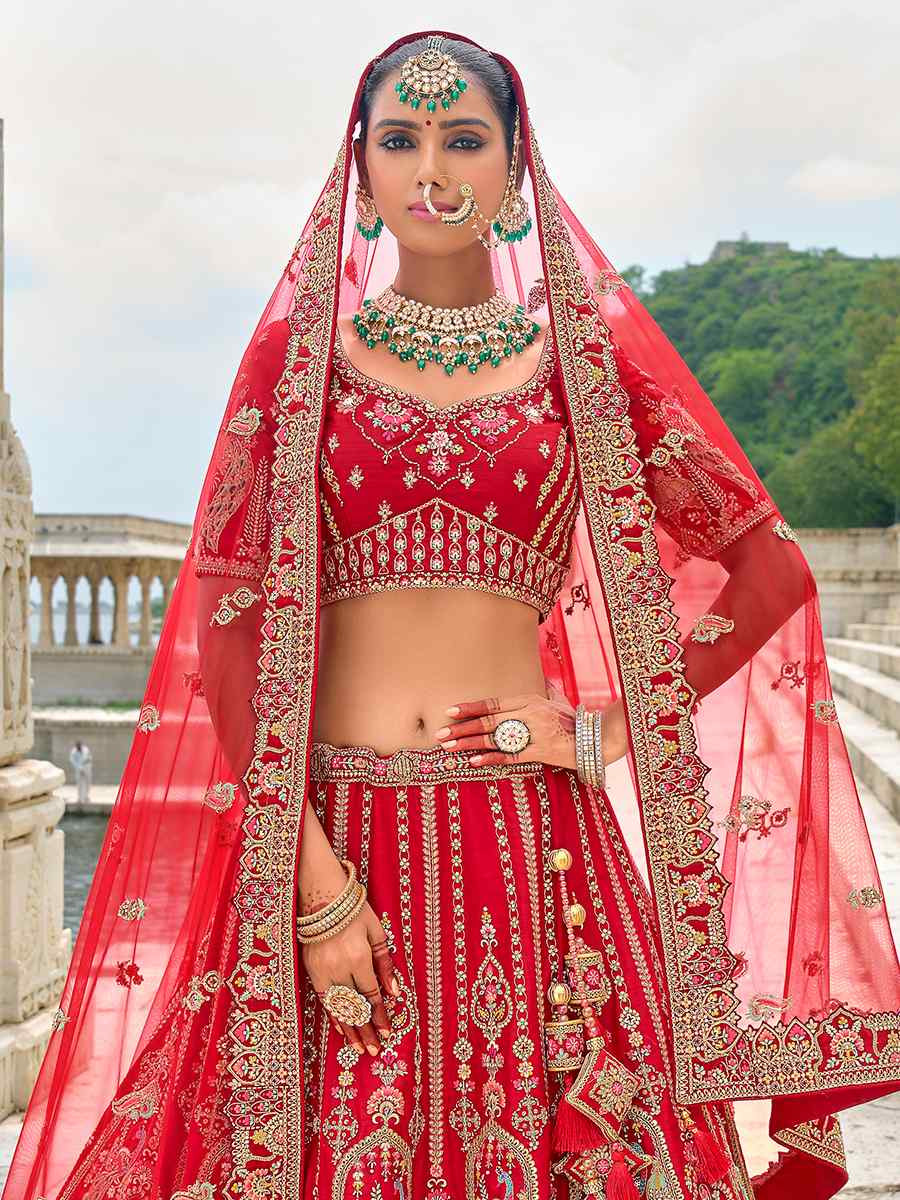 Red Silk Embroidered Wedding Bridal Heavy Border Lehenga Choli