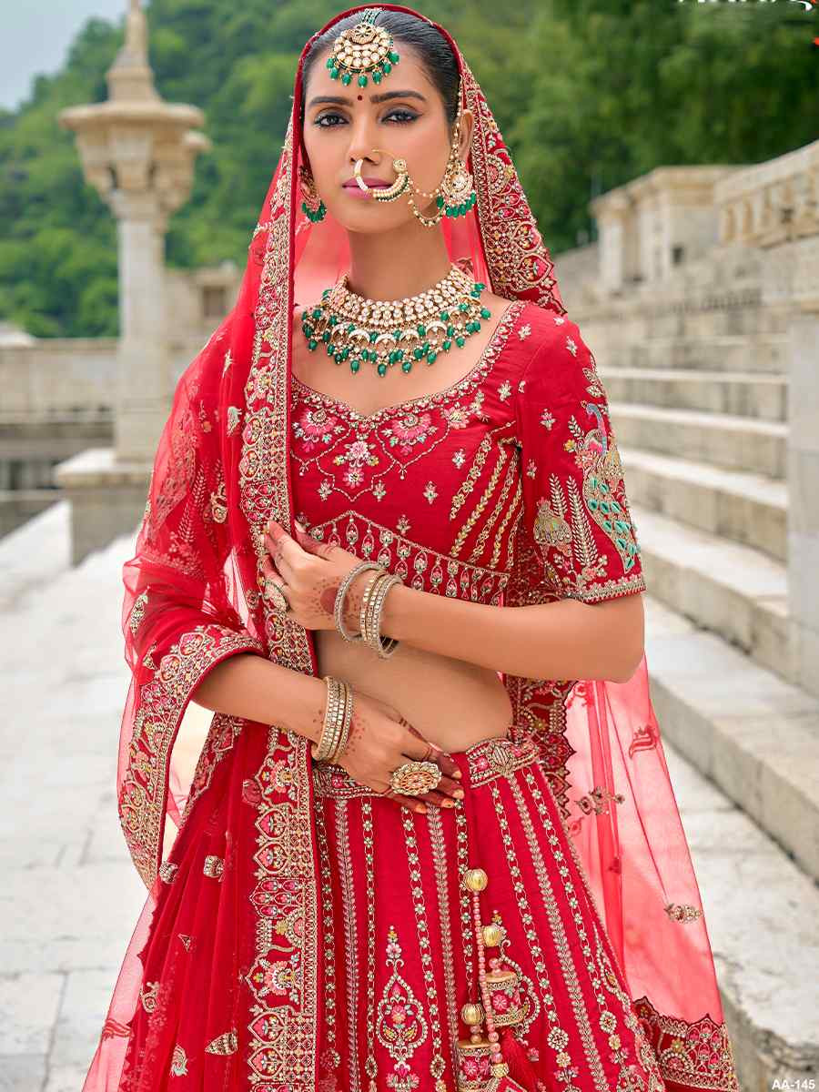 Red Silk Embroidered Wedding Bridal Heavy Border Lehenga Choli