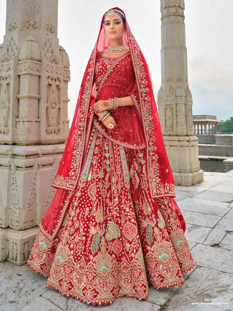 Red Silk Embroidered Wedding Bridal Heavy Border Lehenga Choli